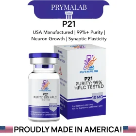P21 peptide 10mg (P021) extended-supply vial next to its PrymaLab box, with key specifications listed above