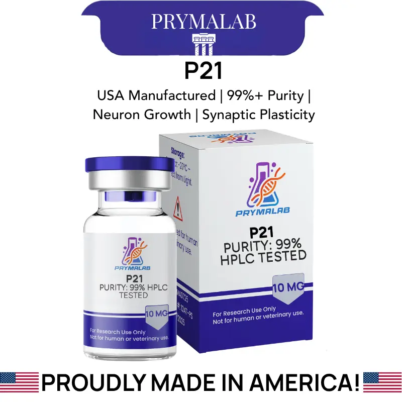 P21 peptide 10mg (P021) extended-supply vial next to its PrymaLab box, with key specifications listed above