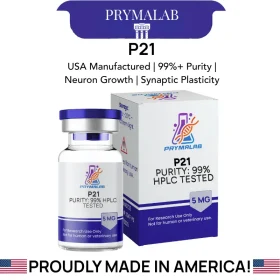 P21 peptide 5mg (P021) lyophilized vial beside its PrymaLab box, with key specifications listed above