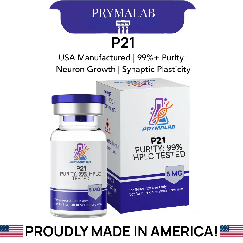 P21 peptide 5mg (P021) lyophilized vial beside its PrymaLab box, with key specifications listed above
