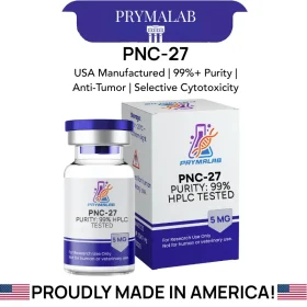 PNC-27 5mg lyophilized vial beside its PrymaLab box, with key specifications listed above the product