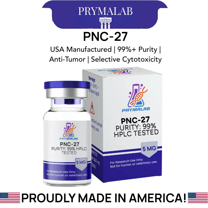 PNC-27 5mg lyophilized vial beside its PrymaLab box, with key specifications listed above the product
