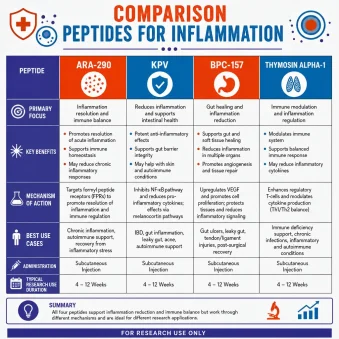 comparison Peptides for Inflammation ARA-290, KPV, BPC-157, and Thymosin Alpha-1 infographic Add for research use only at the bottom. Using colors: #e44d14, #0274be, and accent: #3a2e8f
