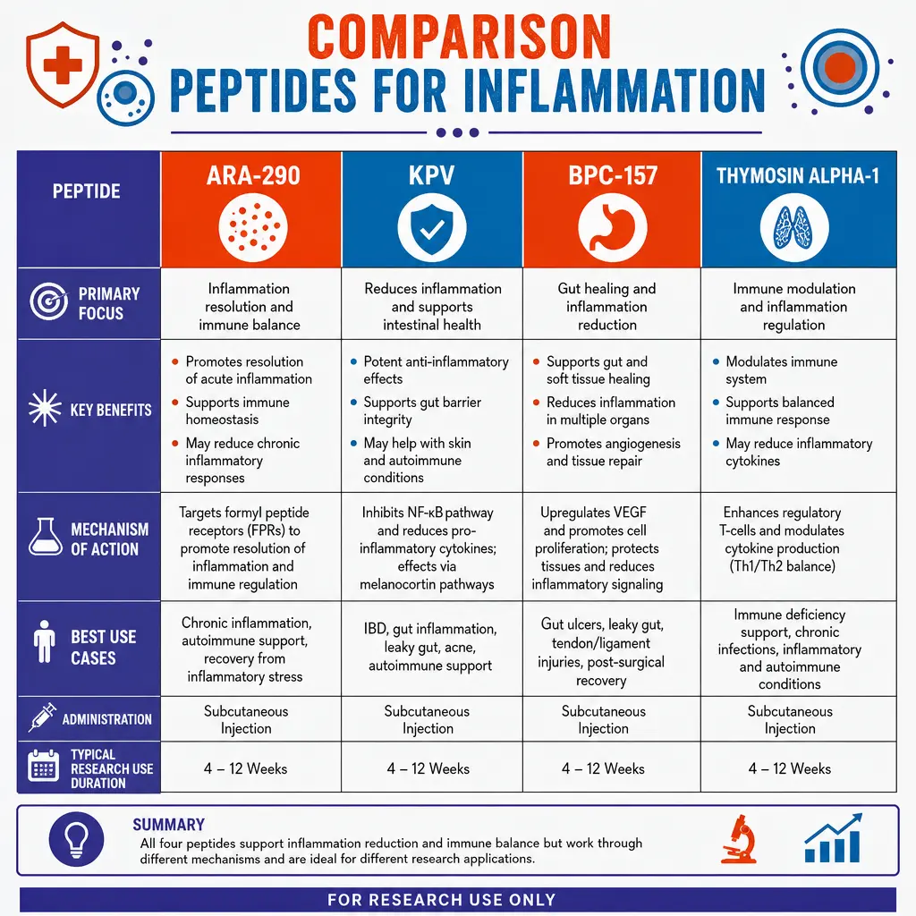 Infographic: Peptides for Inflammation ARA-290, KPV, BPC-157, and Thymosin Alpha-1