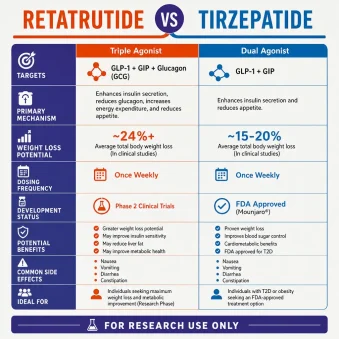 comparison Retatrutide vs Tirzepatide infographic Add for research use only at the bottom. Using colors: #e44d14, #0274be, and accent: #3a2e8f