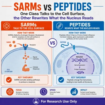 SARMs vs Peptides: One Class Talks to the Cell Surface, the Other Rewrites What the Nucleus Reads Make sure to add the following disclaimer at the bottom: " For Research Use Only " Use our following brand colors: #e44d14, #0274be, and accent color: #3a2e8f