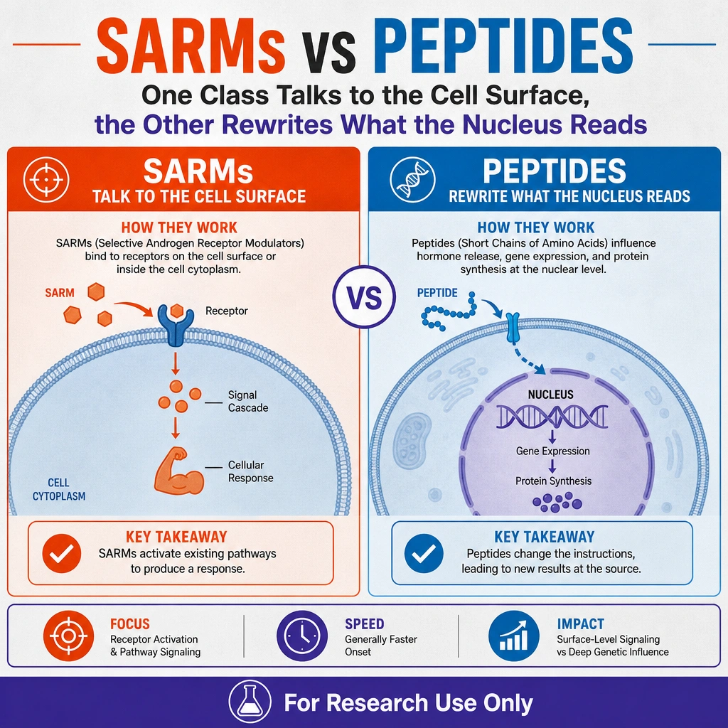 Infographic: SARMs vs Peptides: One Class Talks to the Cell Surface, the Other Rewrites What the Nucleus Reads