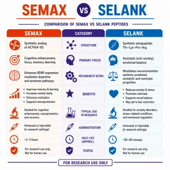 comparison of Semax vs Selank peptides infographic Add for research use only at the bottom. Using colors: #e44d14, #0274be, and accent: #3a2e8f