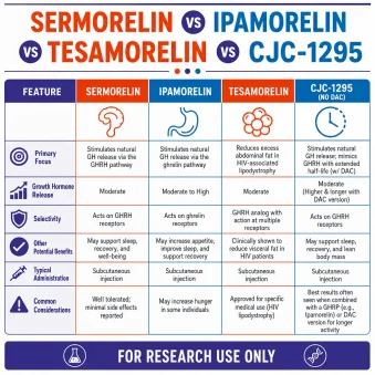 Sermorelin vs Ipamorelin vs Tesamorelin vs CJC-1295 infographic Add for research use only at the bottom. Using colors: #e44d14, #0274be, and accent: #3a2e8f