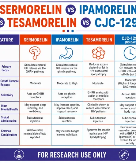 Infographic: Sermorelin vs Ipamorelin vs Tesamorelin vs CJC-1295