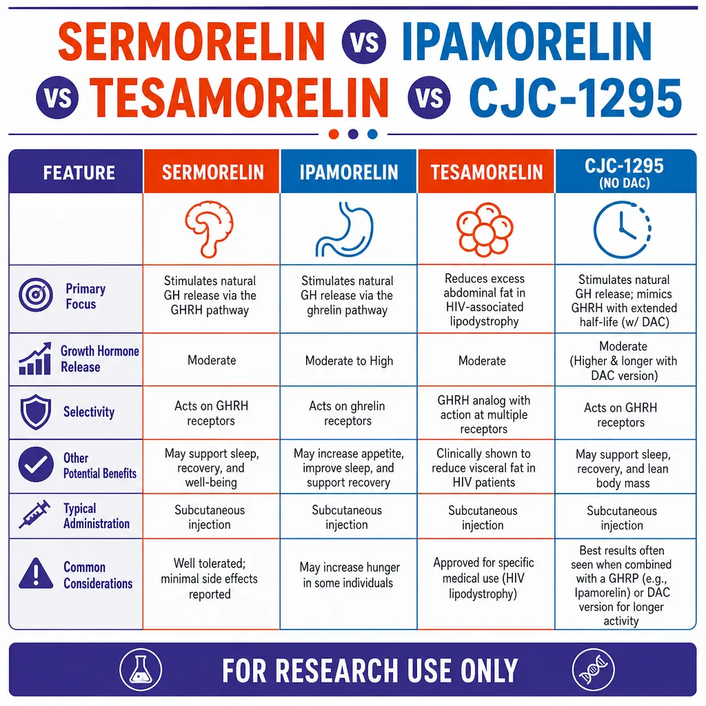 Sermorelin vs Ipamorelin vs Tesamorelin vs CJC-1295 Guide