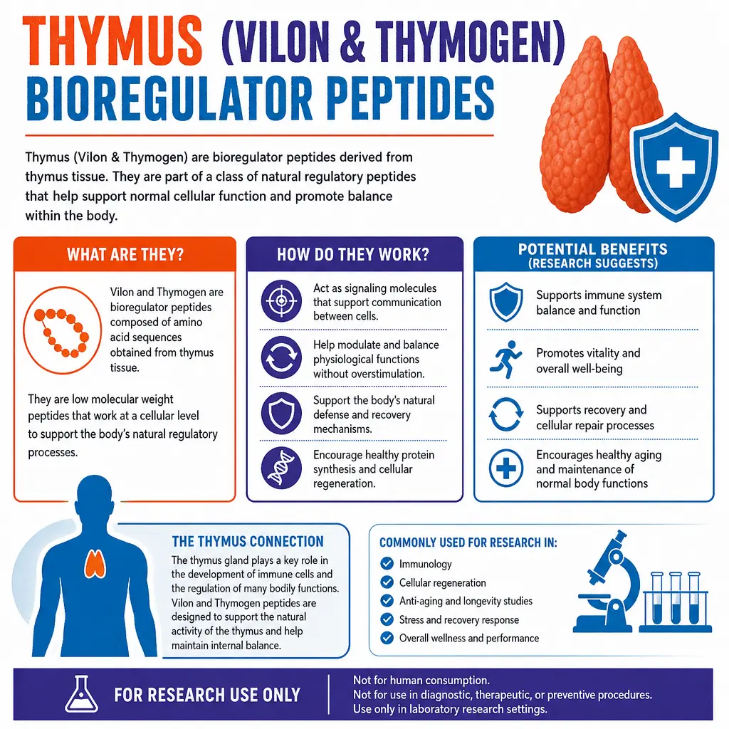 A infographic, 16:9, white background. Explaining Thymus bioreulator peptide.