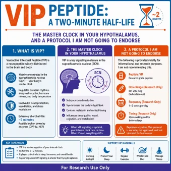 an infographic image describing VIP Peptide: A Two-Minute Half-Life, the Master Clock in Your Hypothalamus, and a Protocol I Am Not Going to Endorse Make sure to add the following disclaimer at the bottom: " For Research Use Only " Use our following brand colors: #e44d14, #0274be, and accent color: #3a2e8f
