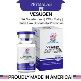 Vesugen 20mg lyophilized vial beside its PrymaLab box, with key specifications listed above the product