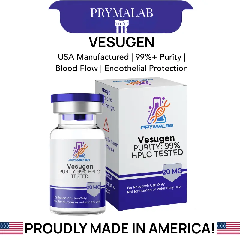 Vesugen 20mg lyophilized vial beside its PrymaLab box, with key specifications listed above the product