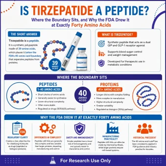 an infographic image describing Is Tirzepatide a Peptide? Where the Boundary Sits, and Why the FDA Drew It at Exactly Forty Amino Acids Make sure to add the following disclaimer at the bottom: " For Research Use Only " Use our following brand colors: #e44d14, #0274be, and accent color: #3a2e8f