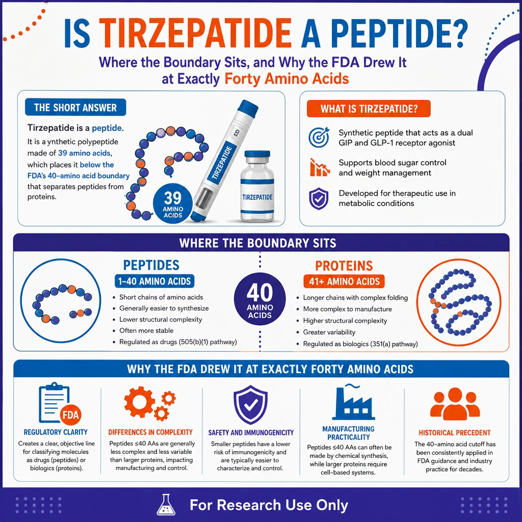 Infographic: Is Tirzepatide a Peptide? Where the Boundary Sits, and Why the FDA Drew It at Exactly Forty Amino Acids