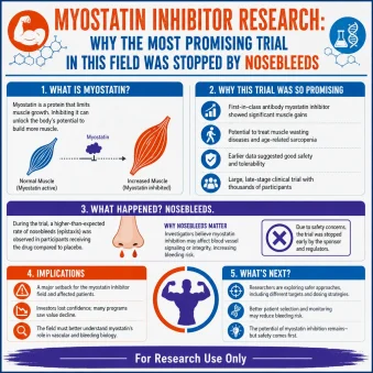 an infographic image describing Myostatin Inhibitor Research: Why the Most Promising Trial in This Field Was Stopped by Nosebleeds Make sure to add the following disclaimer at the bottom: " For Research Use Only " Use our following brand colors: #e44d14, #0274be, and accent color: #3a2e8f