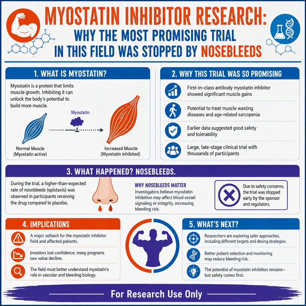 Infographic: Myostatin Inhibitor Research: Why the Most Promising Trial in This Field Was Stopped by Nosebleeds
