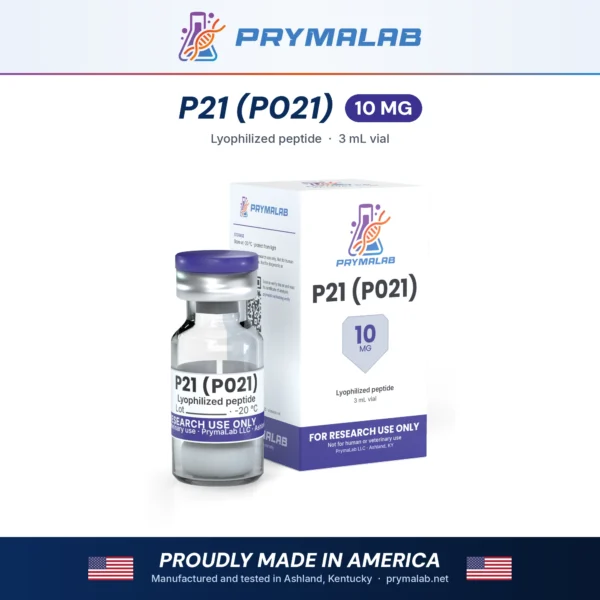 P21 (p021) 10 mg lyophilized research peptide vial with carton – PrymaLab, made and tested in the USA