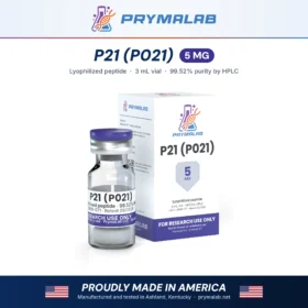 P21 (p021) 5 mg lyophilized research peptide vial with carton โ PrymaLab, made and tested in the USA
