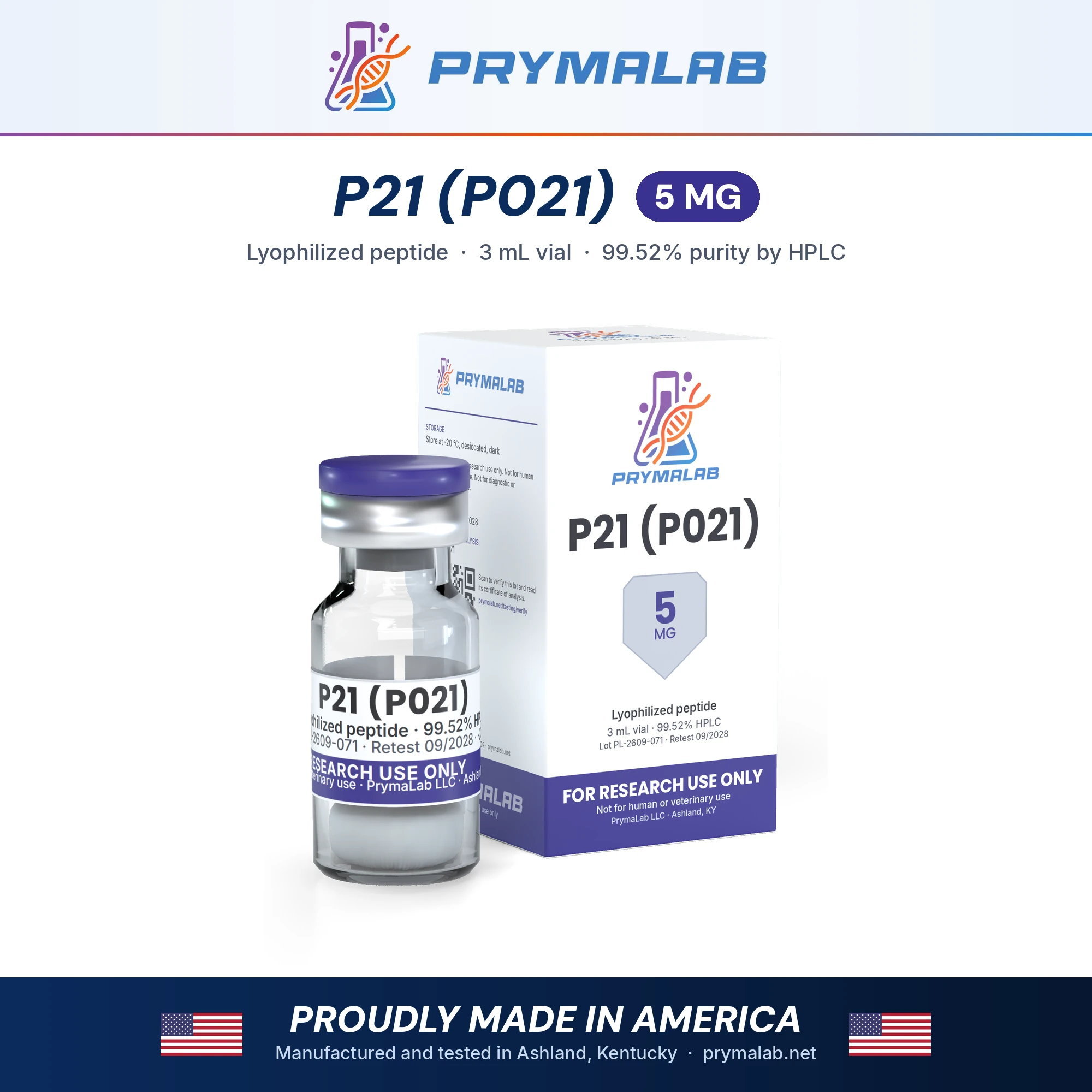 P21 (p021) 5 mg lyophilized research peptide vial with carton – PrymaLab, made and tested in the USA