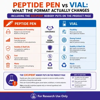 Peptide pen vs vial benefits and drawbacks infographic.