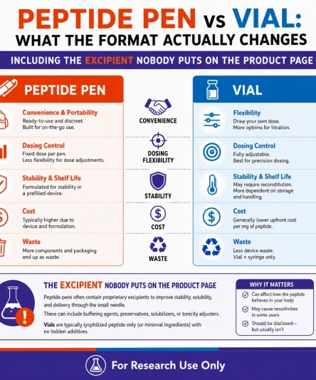 Peptide pen vs vial benefits and drawbacks infographic.