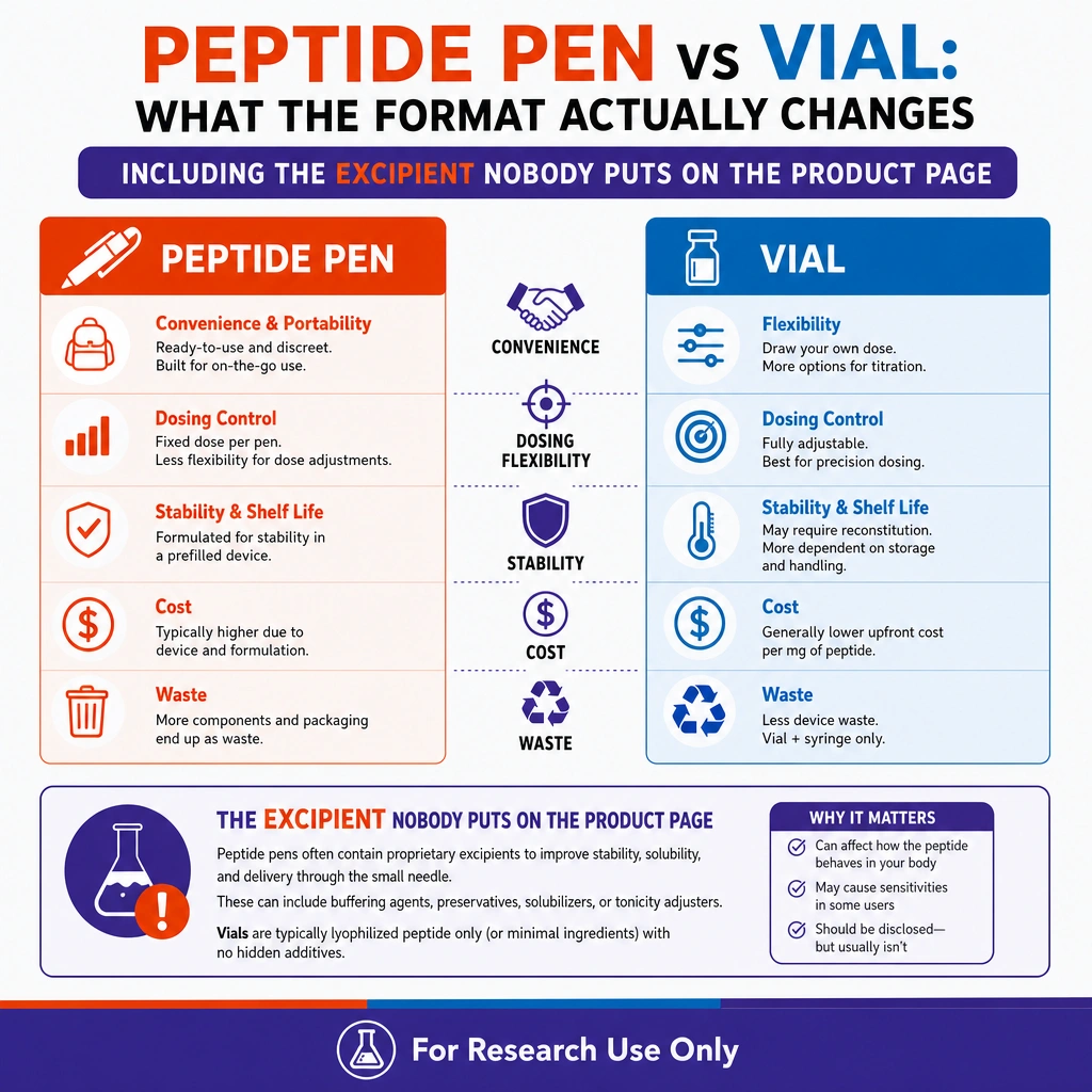 Peptide pen vs vial benefits and drawbacks infographic.