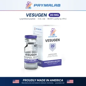 Vesugen 20 mg lyophilized research peptide vial with carton โ PrymaLab, made and tested in the USA