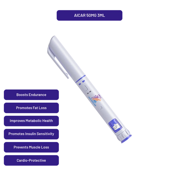 PrymaLab AICAR autoinjector pen, preloaded 3ml 50mg, with AMPK-activation research callouts