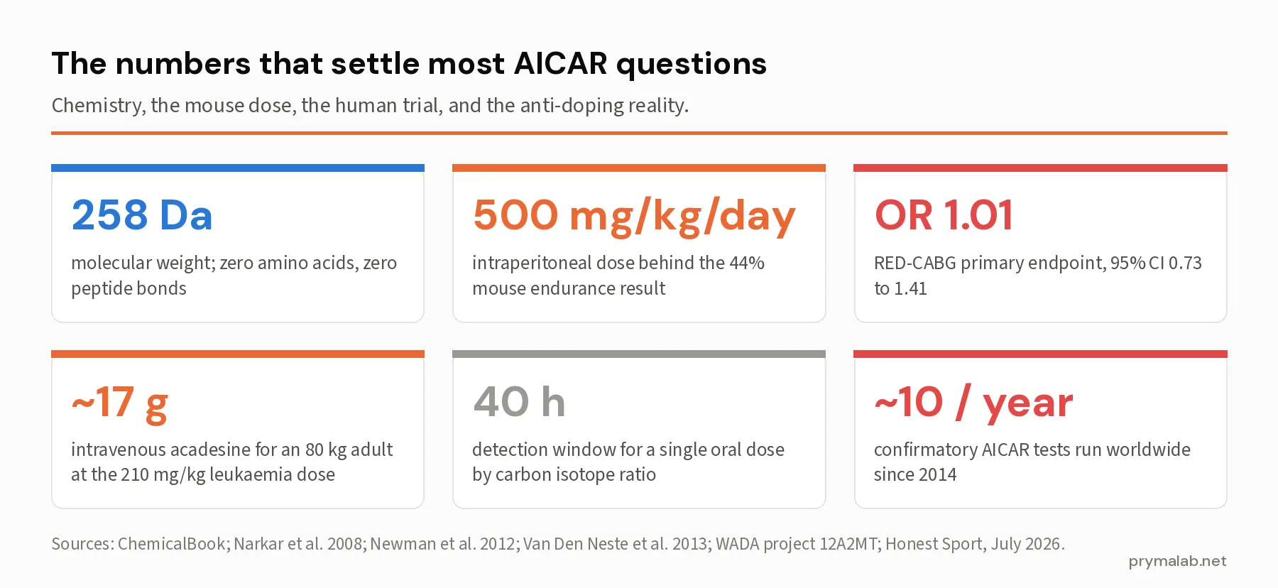 Six statistic cards: 258 Da molecular weight, the 500 mg per kg per day mouse dose behind the 44 percent result, the RED-CABG odds ratio of 1.01, about 17 grams intravenous for an 80 kg adult at the leukaemia dose, a 40-hour detection window by carbon isotope ratio, and roughly ten confirmatory tests a year worldwide