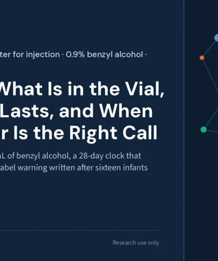 Bac water research library featured image: water for injection with 9 mg per mL of benzyl alcohol, a 28-day clock that starts at the first needle, and a label warning written after sixteen infants died in 1982