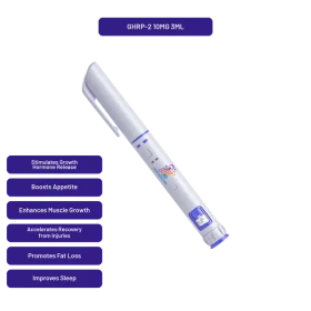 PrymaLab GHRP-2 autoinjector pen, preloaded 3ml 10mg, with GHS-R1a secretagogue research callouts