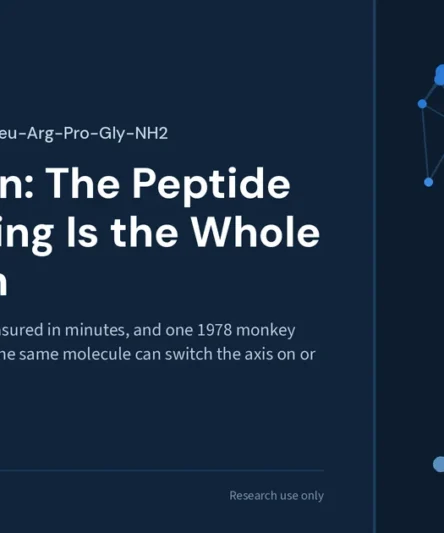 Gonadorelin research library featured image: the native GnRH decapeptide pGlu-His-Trp-Ser-Tyr-Gly-Leu-Arg-Pro-Gly-NH2, a half-life measured in minutes, and the 1978 pulsatile experiment