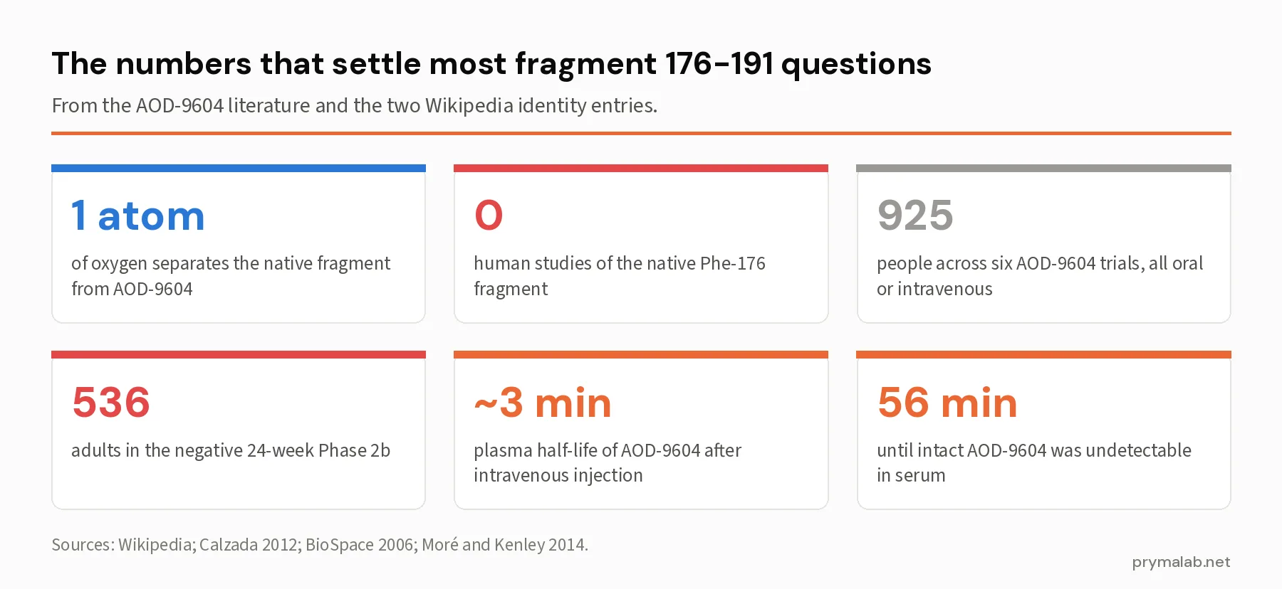 Six statistic cards: one oxygen atom between the native fragment and AOD-9604, zero human studies of the native fragment, 925 people across six AOD-9604 trials, 536 adults in the negative 24-week Phase 2b, a plasma half-life of about 3 minutes, and 56 minutes until intact AOD-9604 was undetectable