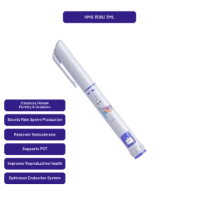 PrymaLab HMG autoinjector pen, preloaded 3ml 150IU, with FSH/LH gonadotropin research callouts