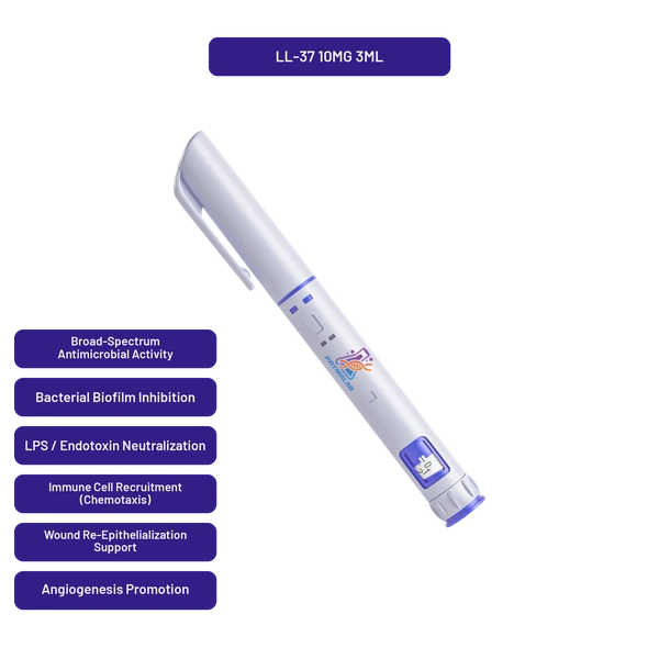 PrymaLab LL-37 autoinjector pen, preloaded 3ml 10mg, with cathelicidin antimicrobial research callouts