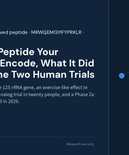 MOTS-c research library featured image: sixteen amino acids read off the mitochondrial 12S rRNA gene, an exercise-like effect in old mice at 15 mg per kg, a 25 mg analog trial in twenty people, and a Phase 2a of the peptide itself that opened in 2026