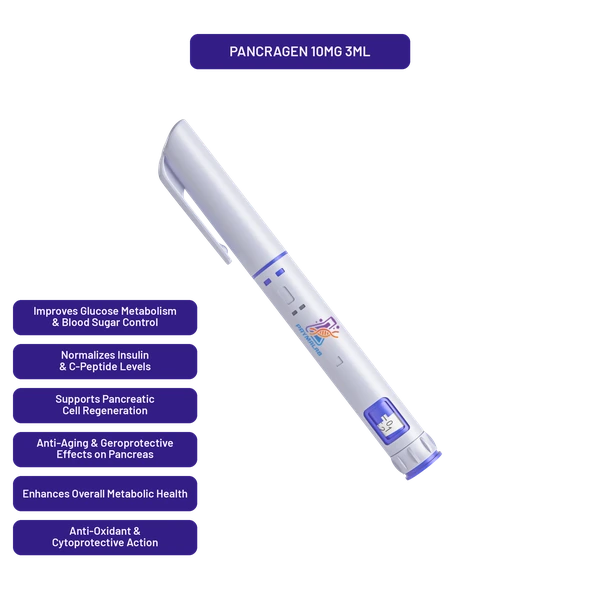 PrymaLab Pancragen autoinjector pen, preloaded 3ml 10mg, with pancreatic bioregulator research callouts