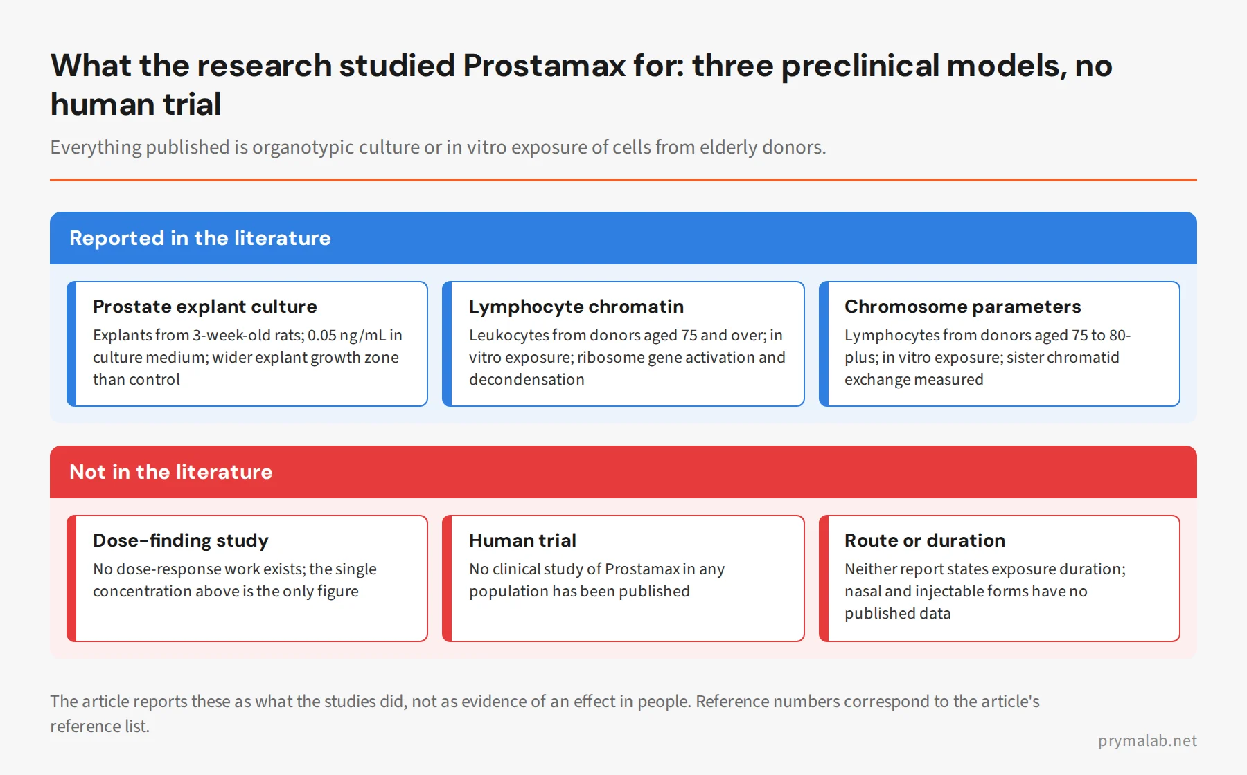 Two-panel diagram of Prostamax research: reported in the literature are a rat prostate explant culture at 0.05 ng/mL and two in vitro lymphocyte studies from elderly donors; not in the literature are any dose-finding study, human trial, or stated route and duration