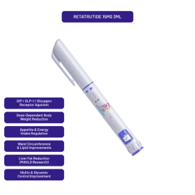 PrymaLab Retatrutide autoinjector pen, preloaded 3ml 15mg, with tri-agonist metabolic research callouts