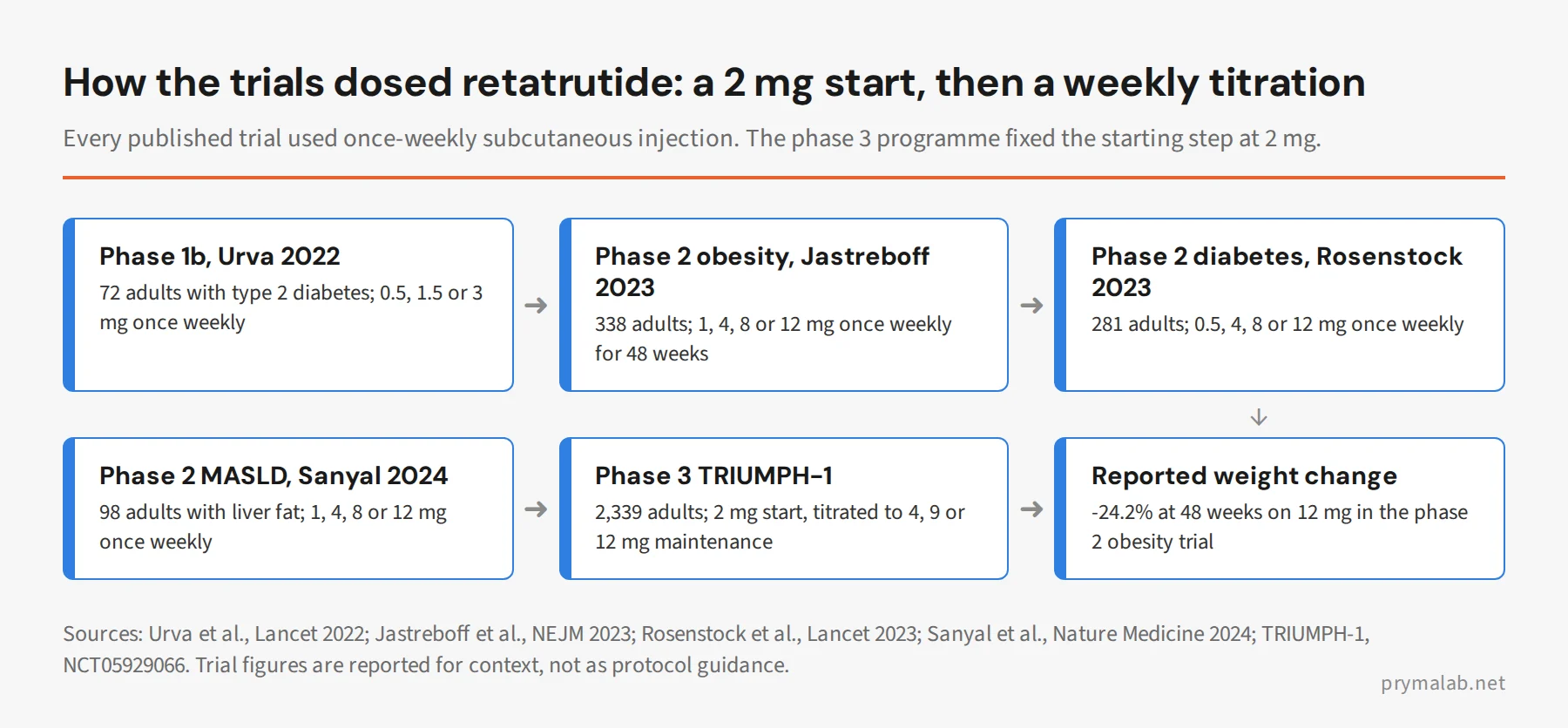 Flow diagram of retatrutide trial dosing from the phase 1b study through phase 2 obesity, diabetes and MASLD trials to the phase 3 TRIUMPH programme's 2 mg start and 4, 9 or 12 mg maintenance