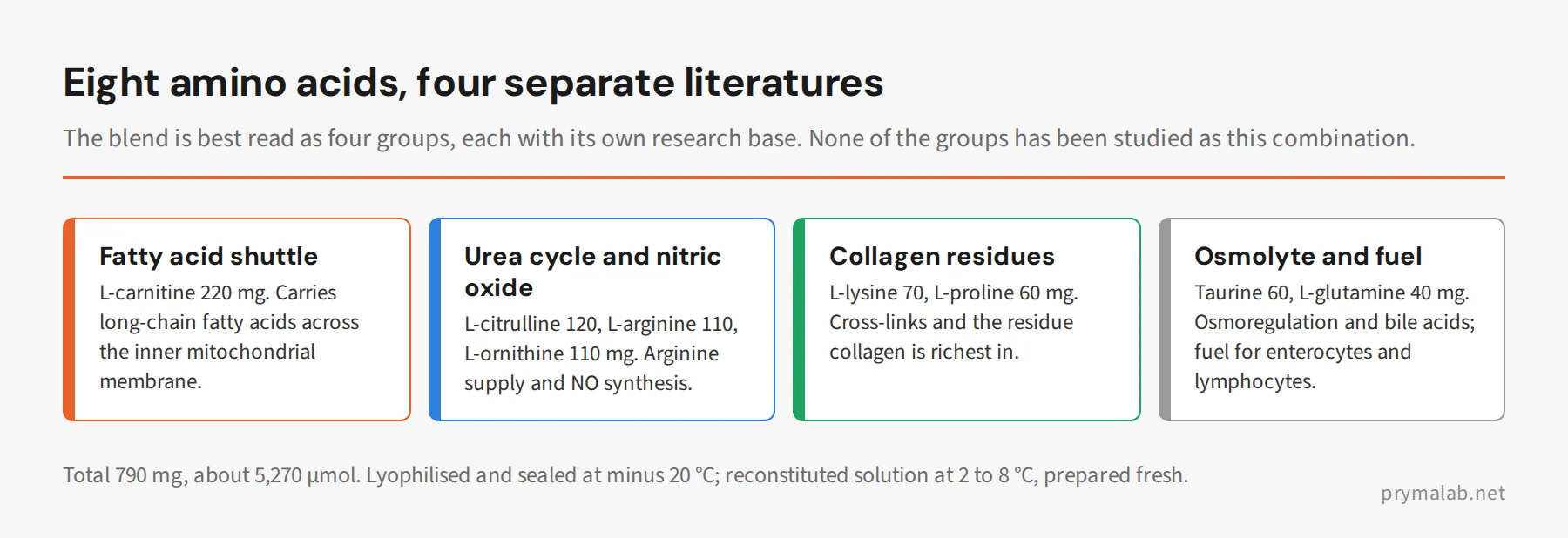 Four cards grouping the SUPER Human Blend amino acids by literature: fatty acid shuttle (carnitine), urea cycle and nitric oxide (citrulline, arginine, ornithine), collagen residues (lysine, proline), osmolyte and fuel (taurine, glutamine)