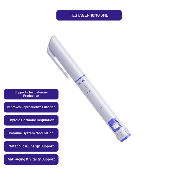 PrymaLab Testagen autoinjector pen, preloaded 3ml 10mg, with testicular bioregulator research callouts