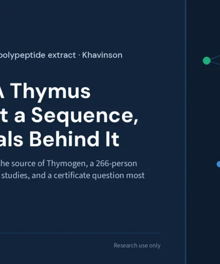 Thymalin research library featured image: approved in the USSR in 1982, the source of Thymogen, a 266-person longevity cohort, two COVID-19 studies, and a certificate question most buyers never ask