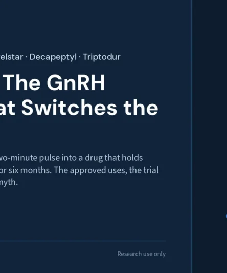 Triptorelin research library featured image: one amino acid swap turns a two-minute GnRH pulse into a drug that holds testosterone at castrate levels for six months; the approved uses, the trial numbers and the single-dose myth