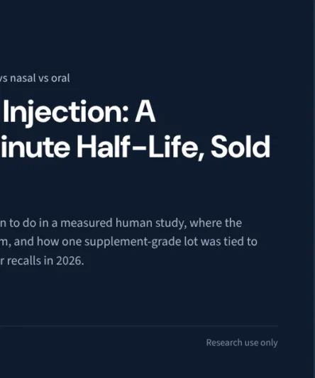 Glutathione research library featured image: the tripeptide has a fourteen-minute plasma half-life after intravenous dosing, no pharmacokinetic data for injected shots, an unblinded negative skin-lightening trial, and a 2026 endotoxin cluster that the FDA traced to one supplement-grade lot