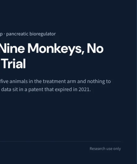 Pancragen research library featured image: the KEDW tetrapeptide from the Khavinson laboratory, whose most-cited study enrolled nine aged rhesus monkeys with no placebo arm, whose only peer-reviewed human series was non-randomised, and whose patent lapsed in 2021 with no trial ever registered