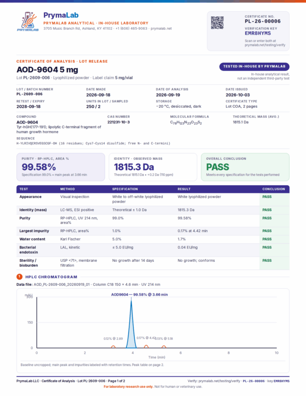 Certificate of analysis PL-26-00006 for AOD-9604 5 mg lot PL-2609-006, page 1